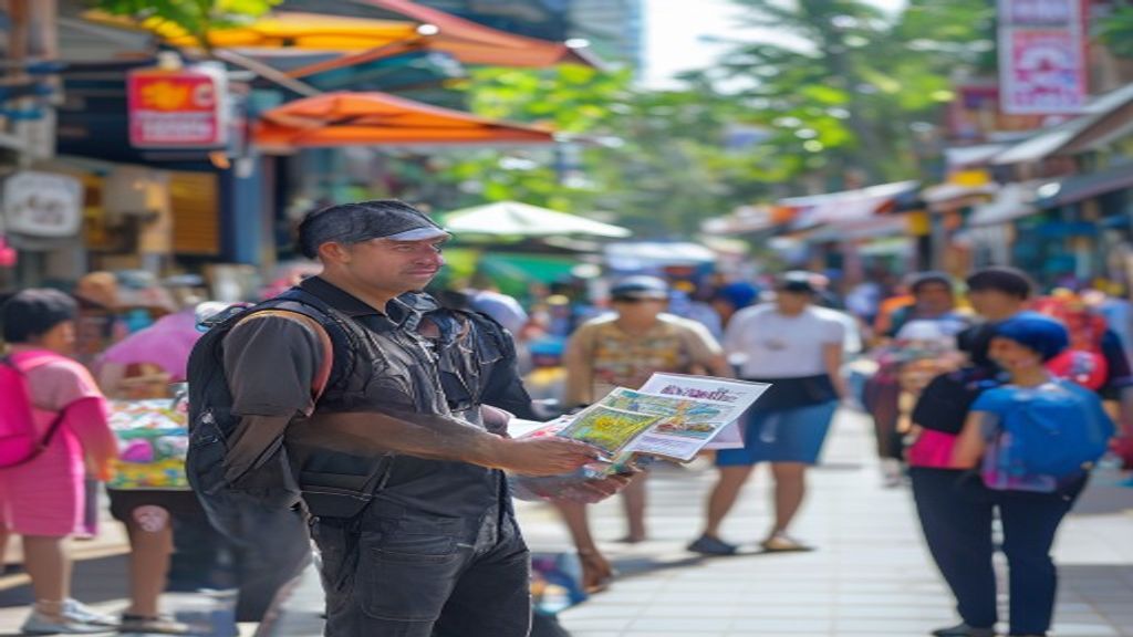 Tim profesional menyebar brosur di jalanan Jakarta untuk promosi bisnis lokal