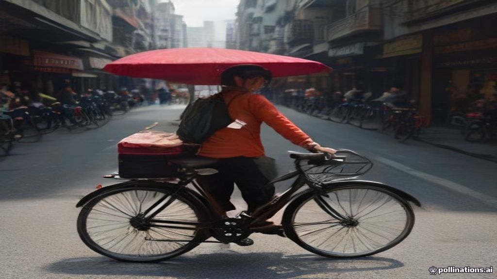 Petugas promosi menjalankan iklan keliling sepeda unik di jalanan Cengkareng Jakarta Barat.